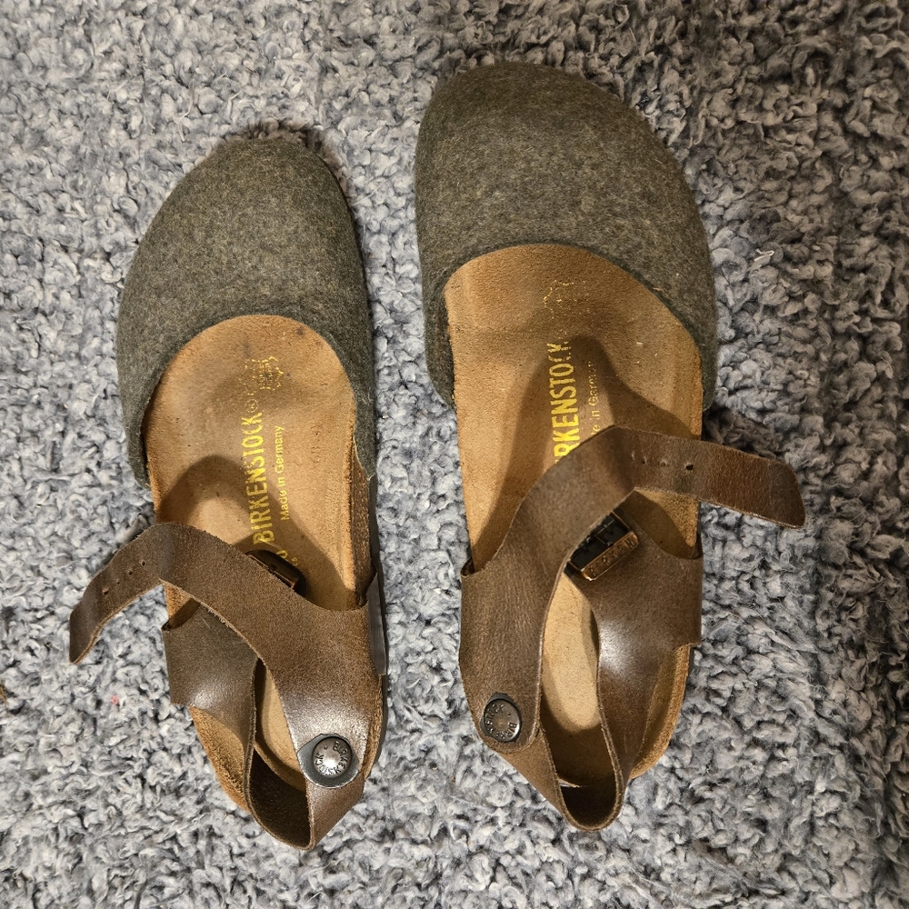 RARE / HTF Birkenstock Messina Grey Wool & Brown Leather Clogs Size 36 - Picture 3 of 5